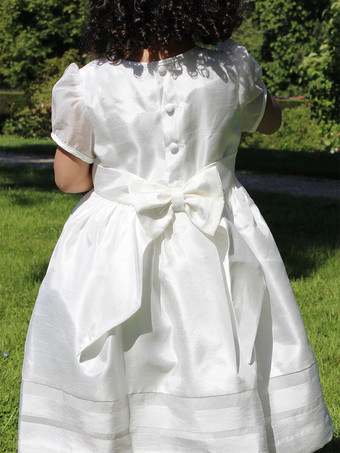 白いフラワー ガール ドレス アイボリー ポリエステル半袖ジュエル ネック フラワー ガール ドレス