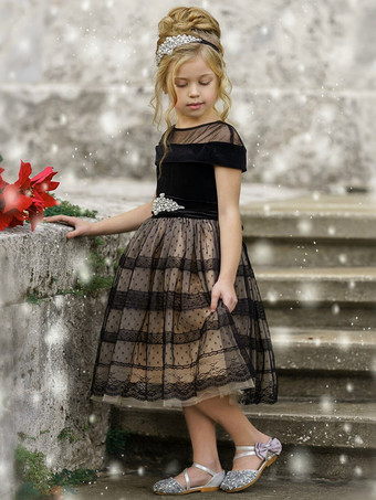 フラワーガールドレス ブラック ポリエステル 半袖 ジュエルネック フラワーガールドレス