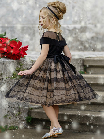 フラワーガールドレス ブラック ポリエステル 半袖 ジュエルネック フラワーガールドレス