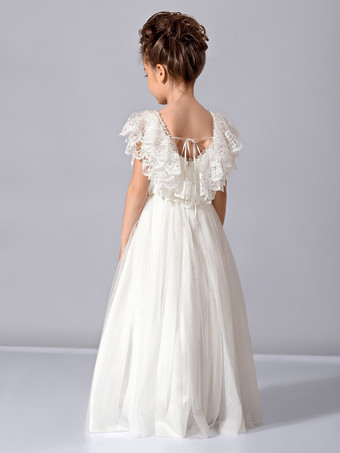 ホワイトアイボリーチュールノースリーブジュエルネック3Dボヘミアンレースフラワーガールドレス