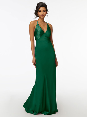 ダークグリーンブライドメイドドレス シース マキシレングス ジッパー サテン生地 ウェディングパーティードレス