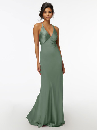 セージグリーンブライドメイドドレス シース マキシレングス ジッパー サテン生地 ウェディングパーティードレス