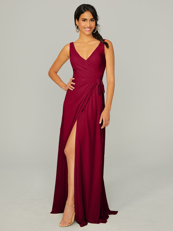 バーガンディーブライドメイドドレス シフォン Aライン マキシレングス プロムドレス