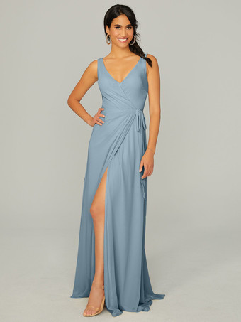 スレートグレー ブライドメイドドレス シフォン Aライン マキシレングス プロムドレス