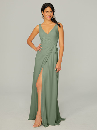 セージグリーンブライドメイドドレス シフォン Aライン マキシレングス プロムドレス