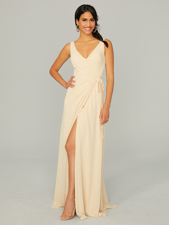 ベージュ ブライドメイドドレス シフォン Aライン マキシレングス プロムドレス