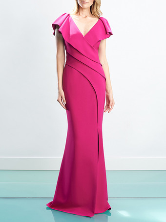 ローズレッドマザードレス V ネック キャップ スリーブ マーメイド プリーツ スイープ ゲスト ドレス 結婚式用