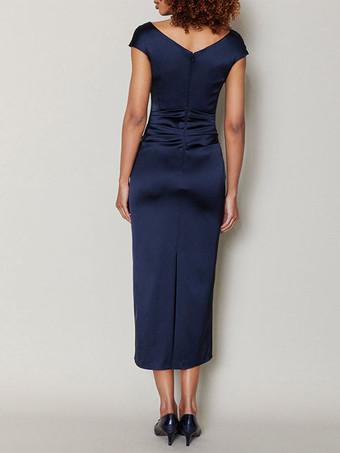 マザードレス デザインネックライン 半袖 Aライン プリーツ ティーレングス ウェディングゲストドレス