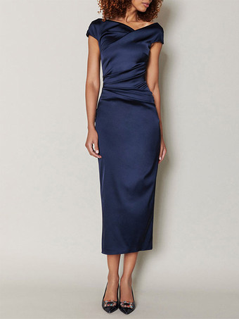 ダークネイビーマザードレス デザインネックライン 半袖 Aライン プリーツ ティーレングス ウェディングゲストドレス