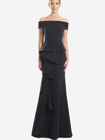 ブラックマザードレス オフショルダー ノースリーブ マーメイドフリル 結婚式のゲストドレス