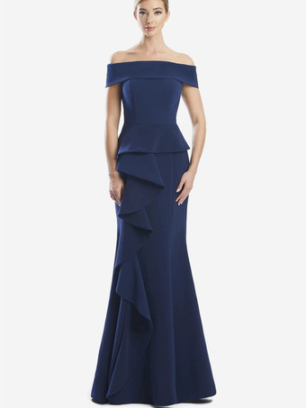 ダークネイビーマザードレス オフショルダー ノースリーブ マーメイドフリル 結婚式のゲストドレス