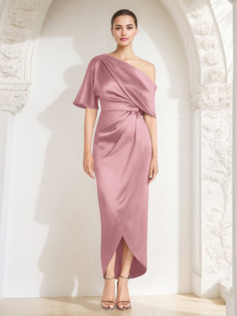 サーモンピンクマザードレス ワンショルダー ハーフスリーブ プリーツ シース ゲストドレス 結婚式用