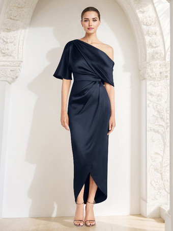 ダークネイビーマザードレス ワンショルダー ハーフスリーブ プリーツ シース ゲストドレス 結婚式用