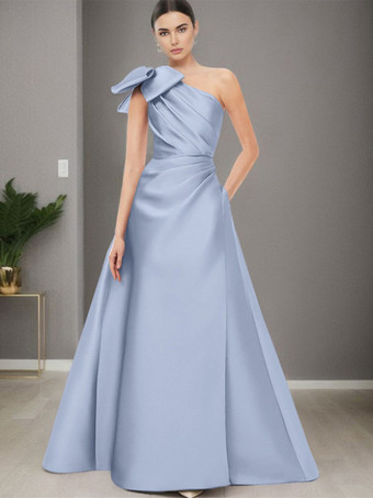 ベビーブルーブライダルマザードレス ワンショルダー ノースリーブ Aライン リボン マキシレングス ウェディングゲストドレス