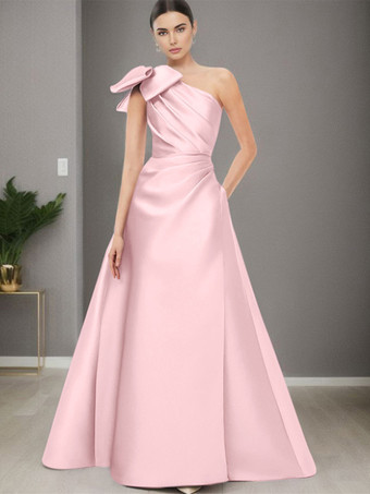 ソフトピンクブライダルマザードレス ワンショルダー ノースリーブ Aライン リボン マキシレングス ウェディングゲストドレス