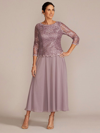 ラベンダーパーティードレス 花嫁の母用 ジュエルネック 七分袖 Aライン レース 足首丈 ゲストドレス 結婚式用