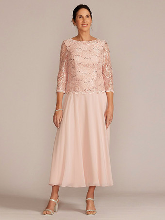 ソフトピンクパーティードレス 花嫁の母用 ジュエルネック 七分袖 Aライン レース 足首丈 ゲストドレス 結婚式用