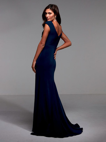 ダークネイビーパーティードレス花嫁の母のための V ネック半袖レースの詳細マーメイドゲストドレス結婚式のための