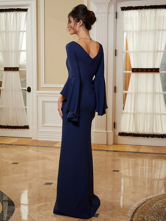 パーティードレス 花嫁の母用 Vネック ベルスリーブ スプリットフロント マキシレングス Aライン 結婚式のゲストドレス