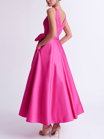 花嫁の母親のためのパーティードレス Vネック ノースリーブ Aライン リボン 結婚式用ゲストドレス