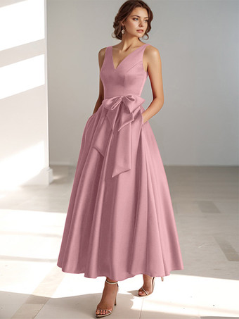 Party Dress For Mother Of The Bride V-Neck Sleeveless A-Line Bows Guest Dresses For Wedding