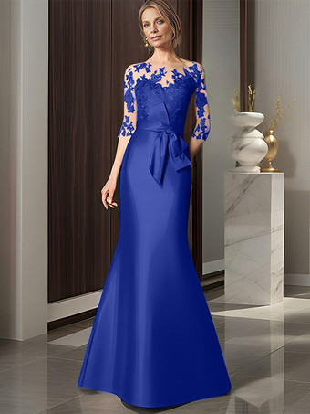 ロイヤルブルーブライダルマザードレス イリュージョンネック 七分袖 リボン マーメイド ウェディングゲストドレス