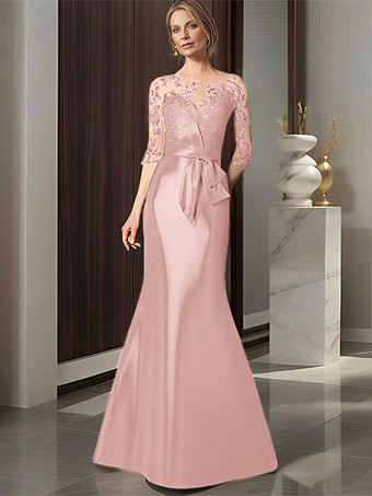 ソフトピンクブライダルマザードレス イリュージョンネック 七分袖 リボン マーメイド ウェディングゲストドレス