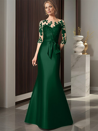 ダークグリーンブライダルマザードレス イリュージョンネック 七分袖 リボン マーメイド ウェディングゲストドレス