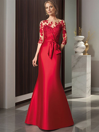 レッド ブライダルマザードレス イリュージョンネック 七分袖 リボン マーメイド ウェディングゲストドレス