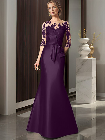 プラムブライダルマザードレス イリュージョンネック 七分袖 リボン マーメイド ウェディングゲストドレス