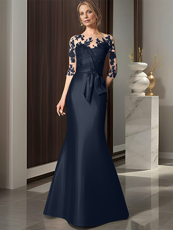 ダークネイビーブライダルマザードレス イリュージョンネック 七分袖 リボン マーメイド ウェディングゲストドレス