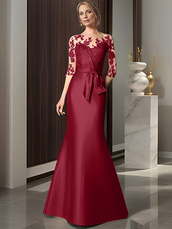 バーガンディーブライダルマザードレス イリュージョンネック 七分袖 リボン マーメイド ウェディングゲストドレス