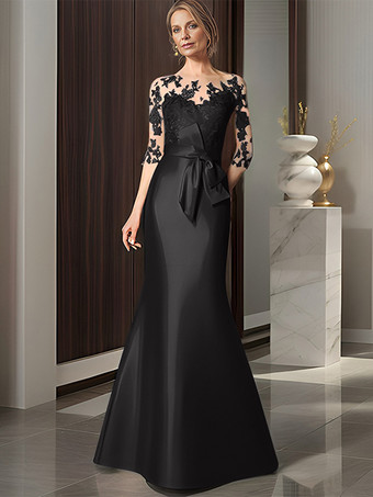 ブラックブライダルマザードレス イリュージョンネック 七分袖 リボン マーメイド ウェディングゲストドレス