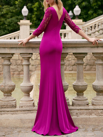 パーティードレス 花嫁の母用 Vネック 3/4丈 袖 プリーツ マキシレングス マーメイド ウェディングゲストドレス