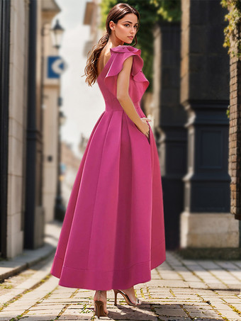 ブライダルマザードレス ワンショルダー ノースリーブ プリーツ アンクル丈 Aライン ウェディングゲストドレス