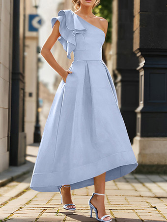 ベビーブルーブライダルマザードレス ワンショルダー ノースリーブ プリーツ アンクル丈 Aライン ウェディングゲストドレス