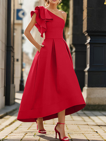 レッド ブライダルマザードレス ワンショルダー ノースリーブ プリーツ アンクル丈 Aライン ウェディングゲストドレス