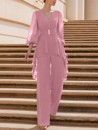 ダークピンクブライダルマザードレス Vネック 半袖 ジャンプスーツ フリル 床長さのゲストドレス 結婚式用