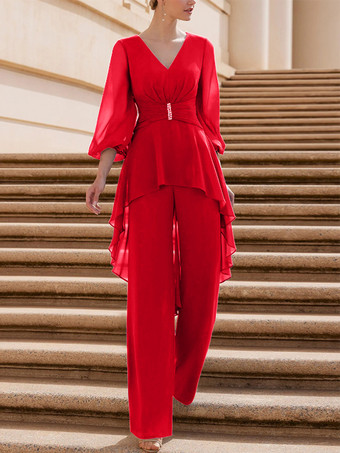 レッド ブライダルマザードレス Vネック 半袖 ジャンプスーツ フリル 床長さのゲストドレス 結婚式用