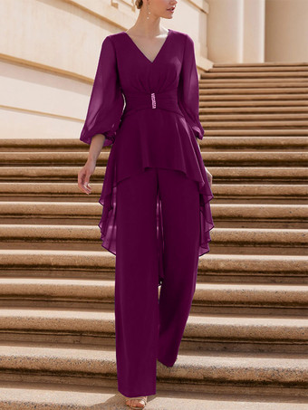 プラムブライダルマザードレス Vネック 半袖 ジャンプスーツ フリル 床長さのゲストドレス 結婚式用