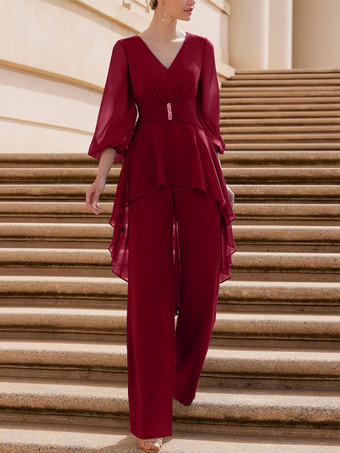 バーガンディーブライダルマザードレス Vネック 半袖 ジャンプスーツ フリル 床長さのゲストドレス 結婚式用