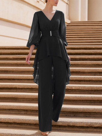 ブラックブライダルマザードレス Vネック 半袖 ジャンプスーツ フリル 床長さのゲストドレス 結婚式用