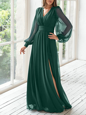 ダークグリーンパーティードレス 花嫁の母用 Vネック 長袖 Aライン プリーツ ゲストドレス 結婚式用