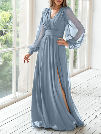 ベビーブルーパーティードレス 花嫁の母用 Vネック 長袖 Aライン プリーツ ゲストドレス 結婚式用