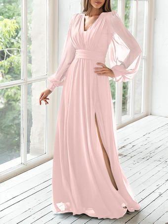 ピンクパーティードレス 花嫁の母用 Vネック 長袖 Aライン プリーツ ゲストドレス 結婚式用