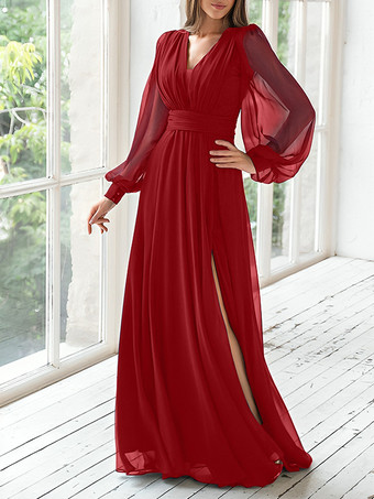レッド パーティードレス 花嫁の母用 Vネック 長袖 Aライン プリーツ ゲストドレス 結婚式用