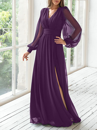 プラムパーティードレス 花嫁の母用 Vネック 長袖 Aライン プリーツ ゲストドレス 結婚式用