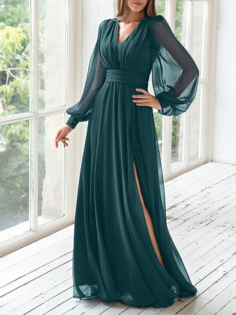 ブルーグリーンパーティードレス 花嫁の母用 Vネック 長袖 Aライン プリーツ ゲストドレス 結婚式用