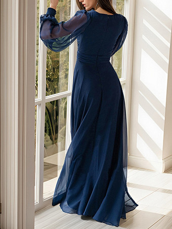 パーティードレス 花嫁の母用 Vネック 長袖 Aライン プリーツ ゲストドレス 結婚式用