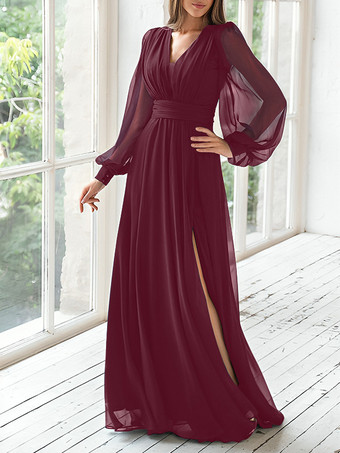 バーガンディーパーティードレス 花嫁の母用 Vネック 長袖 Aライン プリーツ ゲストドレス 結婚式用